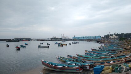 Fishing boats in vizhinjam fishing harbor, Thiruvananthapuram, Kerala, seascape view