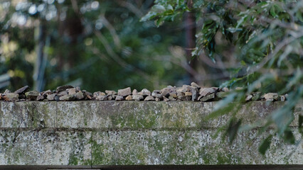 神社にある鳥居の上に置かれた小石