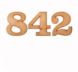 Number 842 in wood, isolated on white background