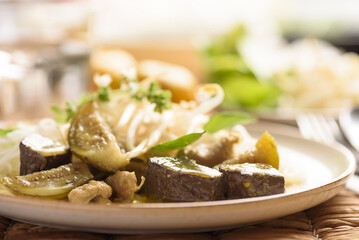 Thai food rice noodle green curry soup with coconut milk and chicken
