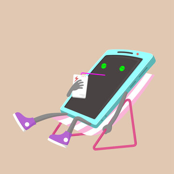 cartoon illustration of android relaxing on charges