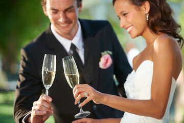 Heres to our romance. Cropped view of a young bride and groom standing together and toasting their marriage.