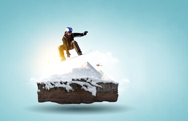 Snowboarder and Alps landscape . Mixed media