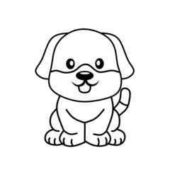 Cute cartoon puppy outline. Funny dog. Vector illustration for kids. Illustration with black outline. Happy cartoon puppy sits, portrait of a cute dog. A dog friend. Vector on white background