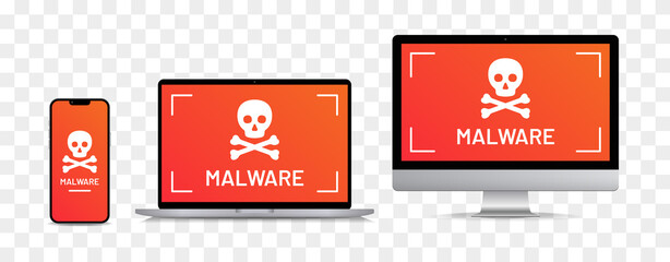 Malware on computer device icon set on transparent design. Internet security concept