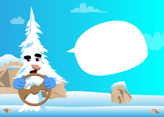 Cartoon winter pine trees with faces driving, holding a steering wheel. Cute forest trees. Snow on pine cartoon character, funny holiday vector illustration.