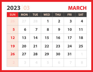 March 2023 template, Calendar 2023 design vector, planner layout, Week starts Sunday, Desk calendar 2023 template, Stationery. Wall calendar 2023 year on red background, vector eps 10