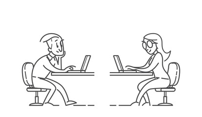 Woman and man using the laptop,in simple b&w line style