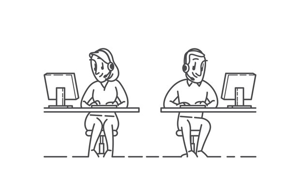 Man and woman using a computer with headphones,  in simple b&w line style