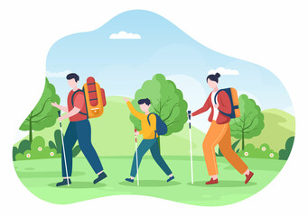 Adventure Tour on the Theme of Climbing, Trekking, Hiking, Walking or Vacation with Forest and Mountain Views in Flat Nature Background Poster Illustration