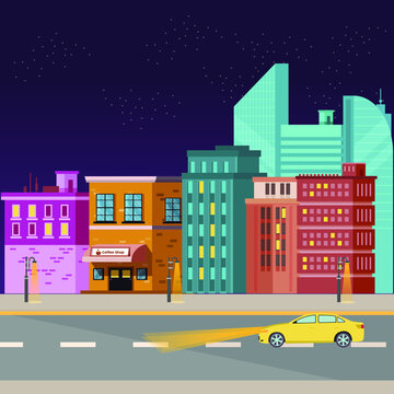 Urban road with car landscape. City street traffic, big city buildings in night time. Modern colorful flat vector illustration. © klikline