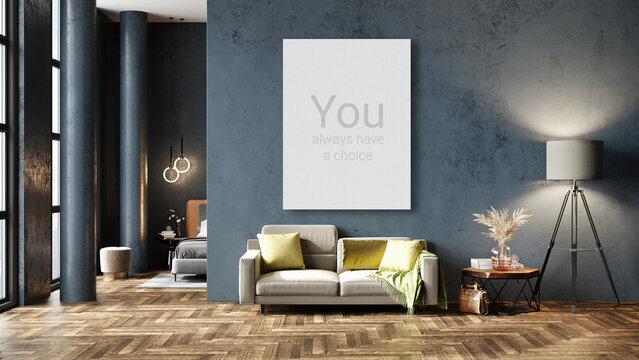 Mock up poster frame in modern interior background, living room, Boho - Scandinavian style, 3D render, 3D illustration