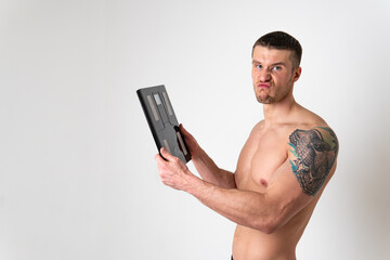 Man with weights health pondered, health and sports on a white background ache hurt painful, sick isolated medical, hand holding. Hold sickness, ain suffer attractive