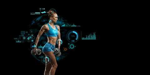 Young beautiful girl doing exercise against dark background