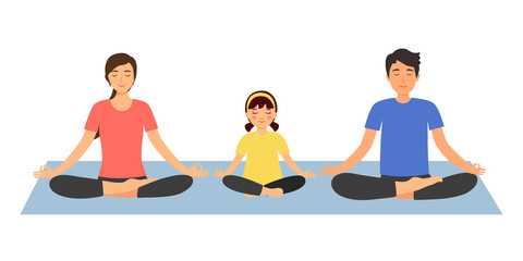 Mother, father and daughter meditating in flat design on white background. Family doing meditation training together. - obrazy, fototapety, plakaty