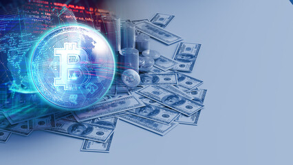 stacks of Bitcoins  crypto currency and money 3dillustration.