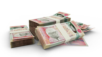 3d rendering of Stack of Mauritian rupee notes. bundles of Mauritian currency notes isolated on white background