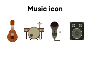 Equipment or instrument icon flat style, vector illustration, guitar, drums, microphone and speaker isolated on white background.