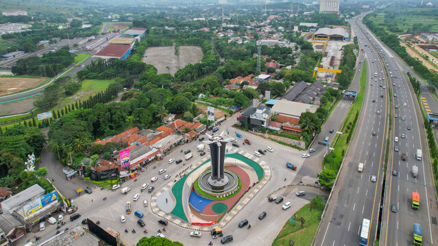 Aerial view of the beautiful Tugu Pancakarsa near from sentul circuit. Bogor, Indonesia