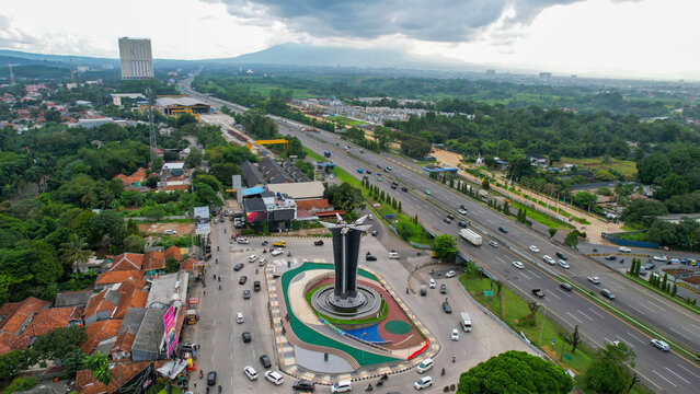 Aerial view of the beautiful Tugu Pancakarsa near from sentul circuit. Bogor, Indonesia