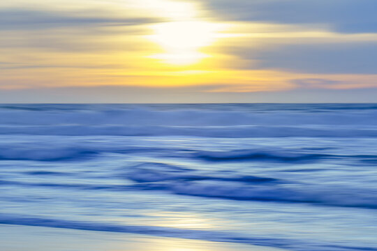 Abstracts Seascape, Sunset Over The Sea In Soft Light Blue And Yellow Colors