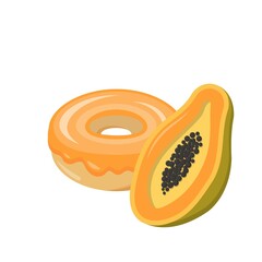 Papaya flavored donut isolated on white background, delicious dessert, sweet icing