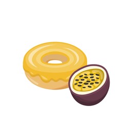 Passion fruit flavored donut isolated on white background, delicious dessert, sweet icing