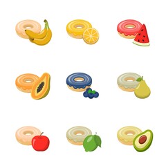 Set of fruit flavored donuts isolated on white background, delicious dessert, sweet icing dessert