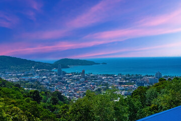 Colourful Sunset Patong Beach lovely vibrant orange, pink and Blue colours Phuket Thailand Thai 