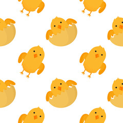 seamless pattern of chicks and chicken eggs on a white background