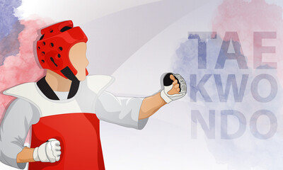 The young taekwondo martial arts athlete is wearing a protective suit, helmet and gloves. Taekwondo vtf