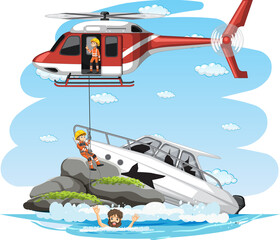 Island scene with rescue in cartoon style