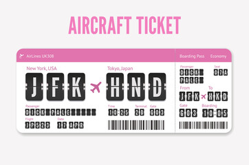 Airplane Ticket template. Pink flight card with destination in Tokyo, Japan. Vector Boarding pass isolated on white