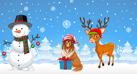 Christmas cartoon characters on snowy blue background