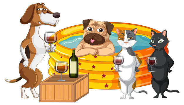 Cats and dogs drinking wine by the pool