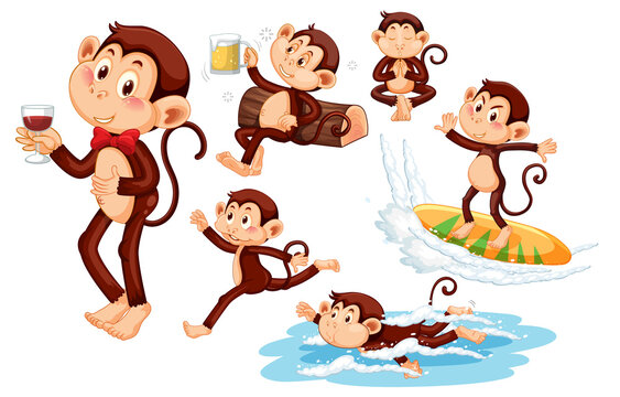 Set of different poses of monkeys cartoon characters