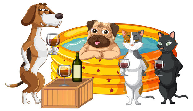 Cute puppy dogs and cats party in rubber swimming pool