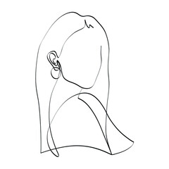 Girl silhouette with long hair. Female torso. Fashion, cosmetology, natural beauty, jewelry, erotica. Abstract minimalistic sketch in black continuous lines. Great for postcards, textiles, logo. - 490447419