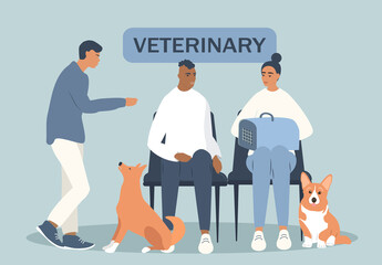 vector hand drawn illustration in flat style on the theme of the veterinary clinic. People with dogs and cat carriers waiting for their turn to the veterinarian