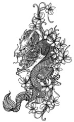 Tattoo art dragon and flower hand drawing sketch