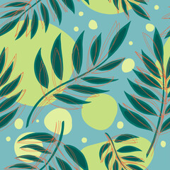 Seamless vector background with different fern leaves on grey background with red lines. Vector illustration