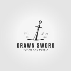 Sword Stuck Logo Icon Vector Vintage Illustration Design