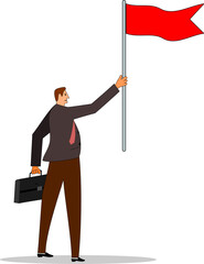 Successful businessman with winner standing concept holding red flags. flat style vector illustration