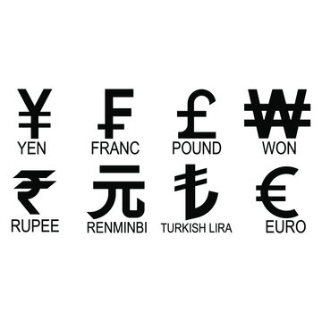 Base currency icon symbol sign, vector illustration of Yen, Franc, Pound, Won, Rupee, Renmimbi, Lira and Euro currency, in black and white color. Simple and isolated style on a boarding background.