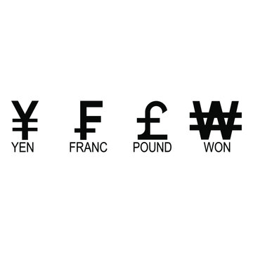 Base currency icon symbol sign, vector illustration of Yen, Franc, pound and Won currency, in black and white color. Simple and isolated style on a blank background.
