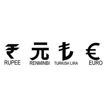 Base currency icon symbol sign, vector illustration of Rupee, Renmimbi, Lira and Euro currencies in black and white color. Simple and isolated style on a blank background.