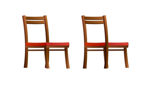 Chair made of wood with soft red upholstery and hard back. Furniture set. Front and back view. Cartoon funny style illustration. Vector