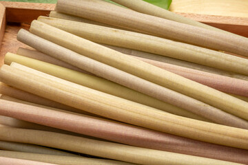 Fresh Lotus stem on lotus leaf, Lotus stem variety of Asian food ingredients.