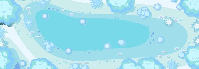 Winter landscape top view. Snowy frosty nature in cold season. From high. White and blue drifts of snow. Illustration in cartoon style flat design. Vector