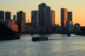 隅田川に架かる佃大橋と夕日に輝く高層マンション群